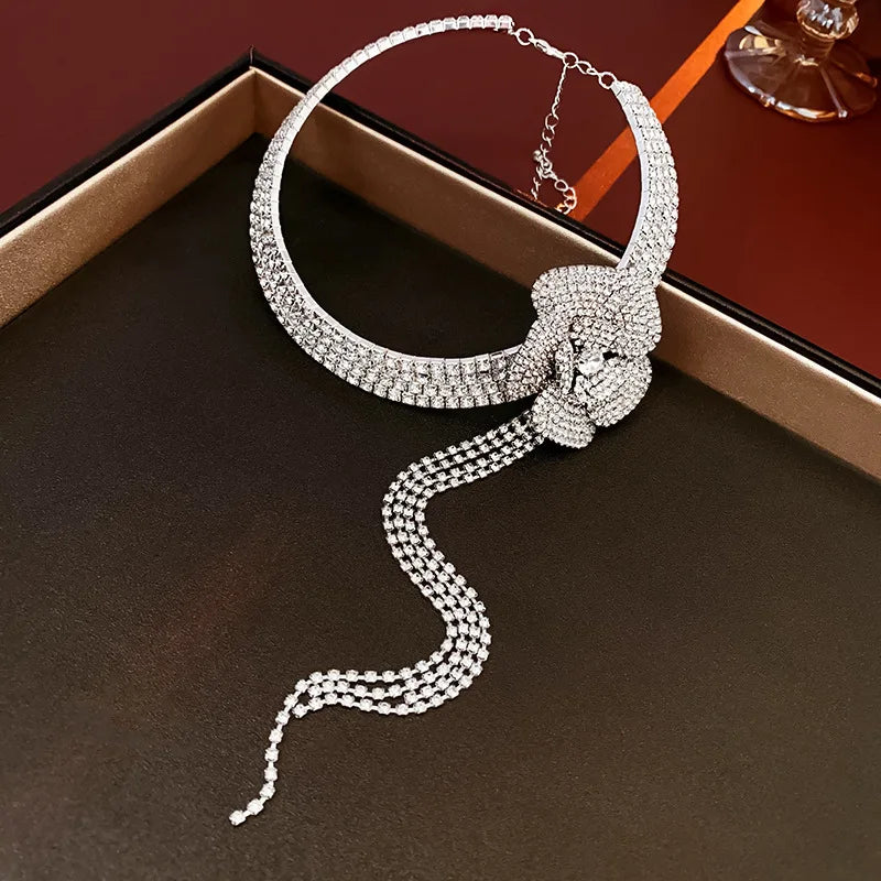 Rhinestone Multi Layered Flower Fringe Necklaces for Women Occidental Exquisite Temperament Advanced Personality Luxury Jewelry