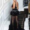 New Black Mesh See Though Flower Ruched Luxury Rhinestone Wedding Evening Mermaid Long Dress Women Strap Cocktail Birthday Robe