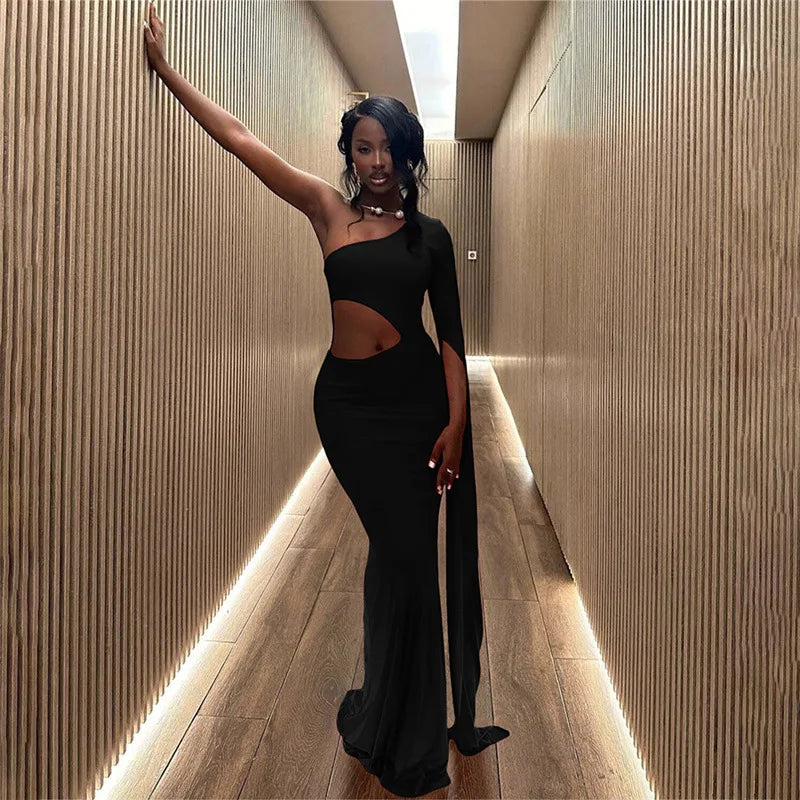 DSMTRC Solid Trend Incline Shoulder Lengthen Single Sleeve Hollow High Street Women Maxi Dress Sexy Elegant Vestidos Attirewear