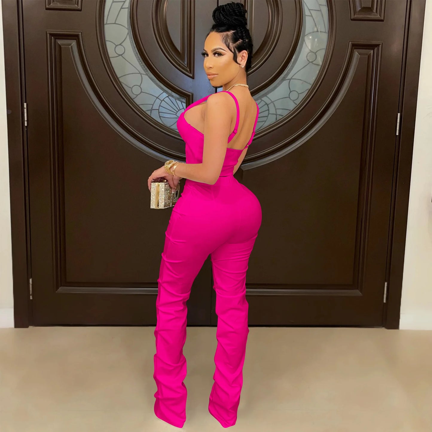 Sexy Solid Color Women's 2-Piece Slim Fit Open Back Zipper Tank Top+High Waist Trouser Set Amazing Bust Wrapping Street Clothing