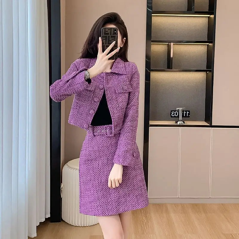 New Luxury High End Tweed Women's Two Pieces Set Elegant Lapel Double Breasted Slim Short Coat + Mini Skirt Fashion Suit