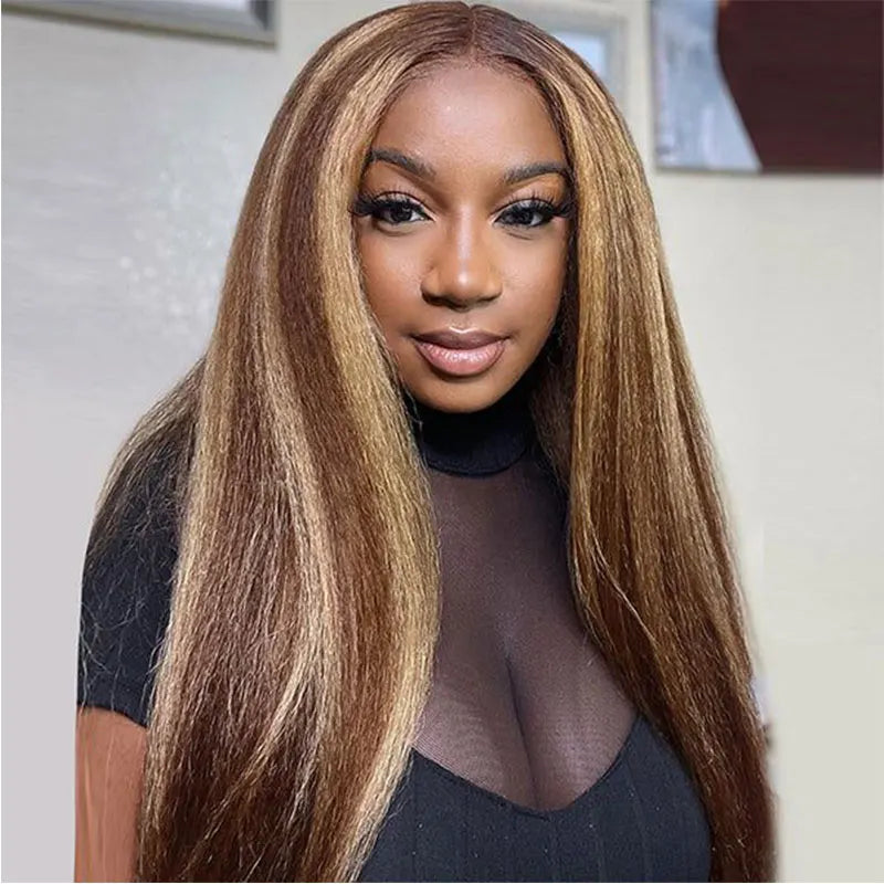 Blonde Highlight Kinky Straight Bundles with Closure Human Hair P4/27 Ombre Hair Weave with 4x4 Lace Closure 13x4 Lace Frontal