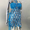 Blue Sequins Shining Diamonds Long Tassel Sleeveless Mini Dress 2 Pieces High Quality Birthday Party Outfit Performances Costume