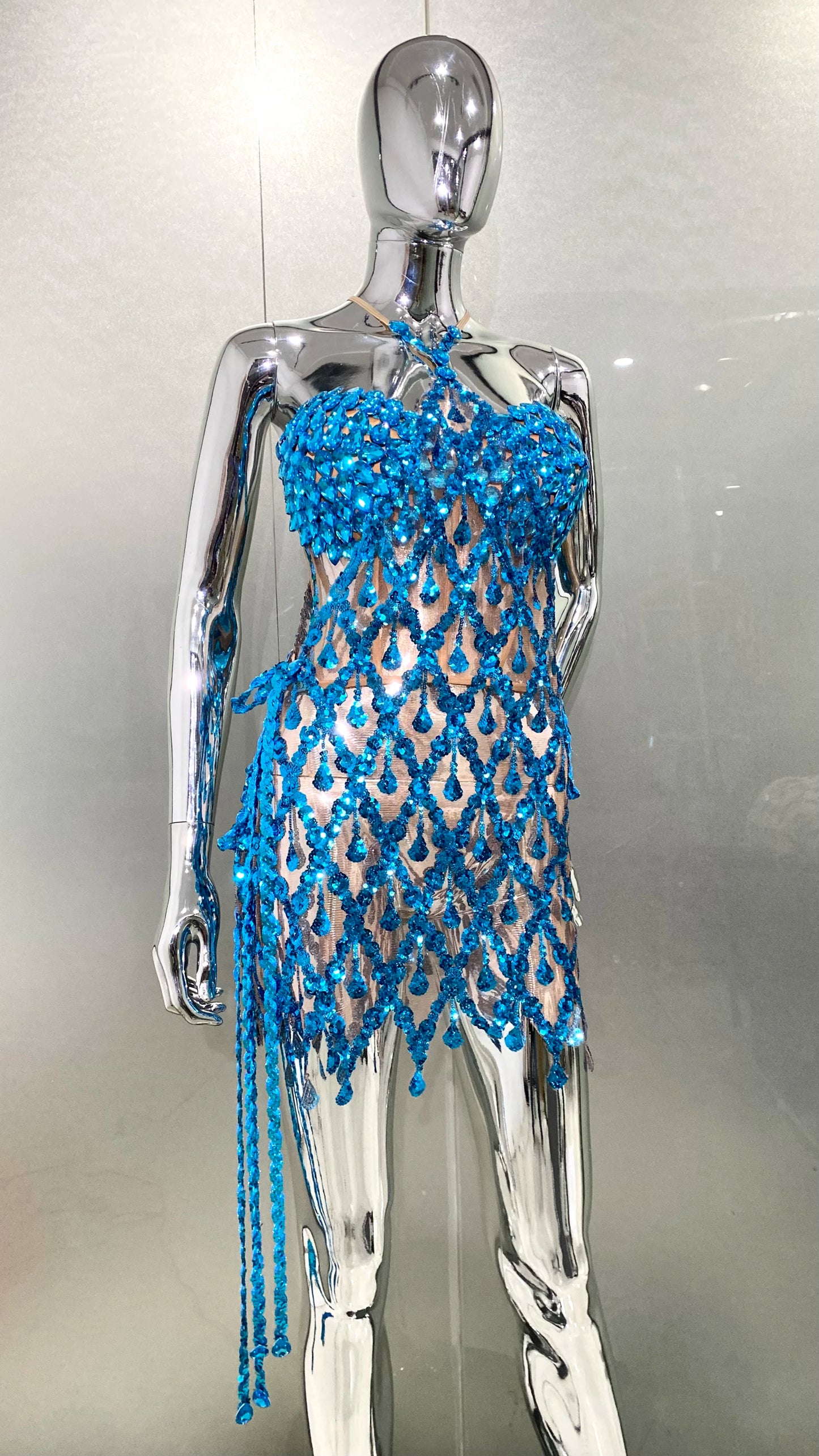 Blue Sequins Shining Diamonds Long Tassel Sleeveless Mini Dress 2 Pieces High Quality Birthday Party Outfit Performances Costume