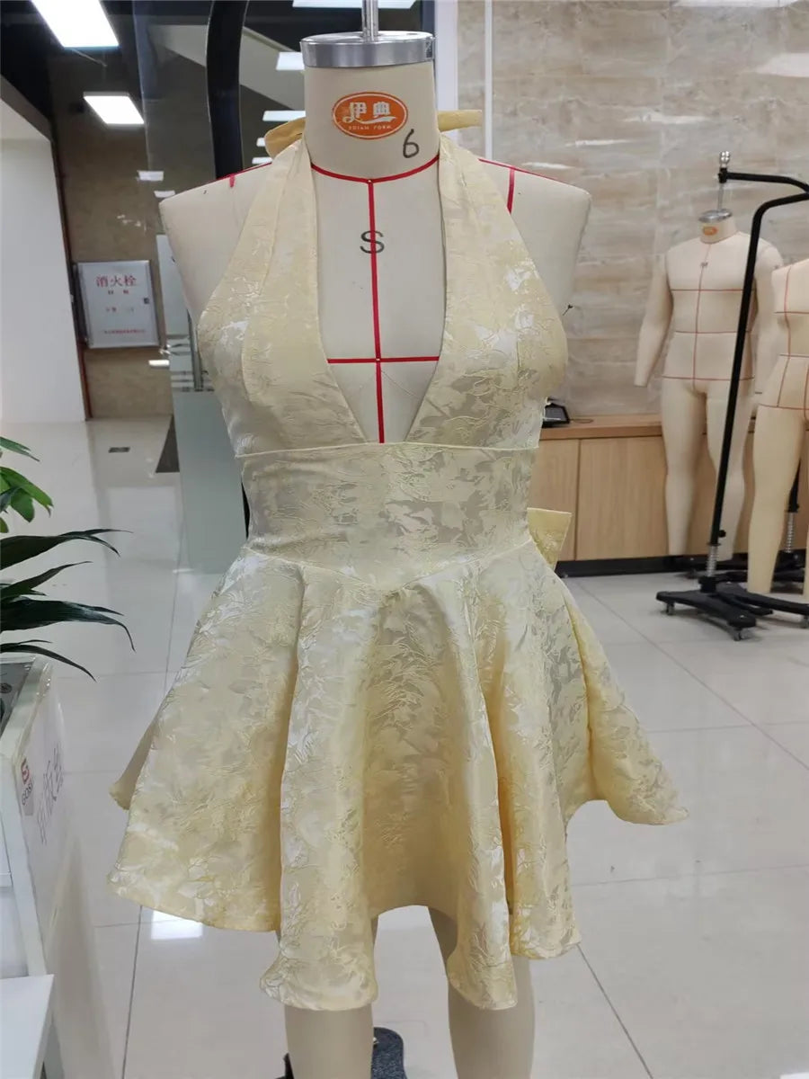 Women Halter Neck Short Dress Summer Jacquard Big Bow Backless Bandage Elegant Evening Party Dresses for Cocktail Prom Wedding