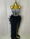 Stock 2025 Women Sexy Sparkly Rhinestone Mesh Feather Long Dress Elegant Evening Party Celebrate Birthday Performance Costume