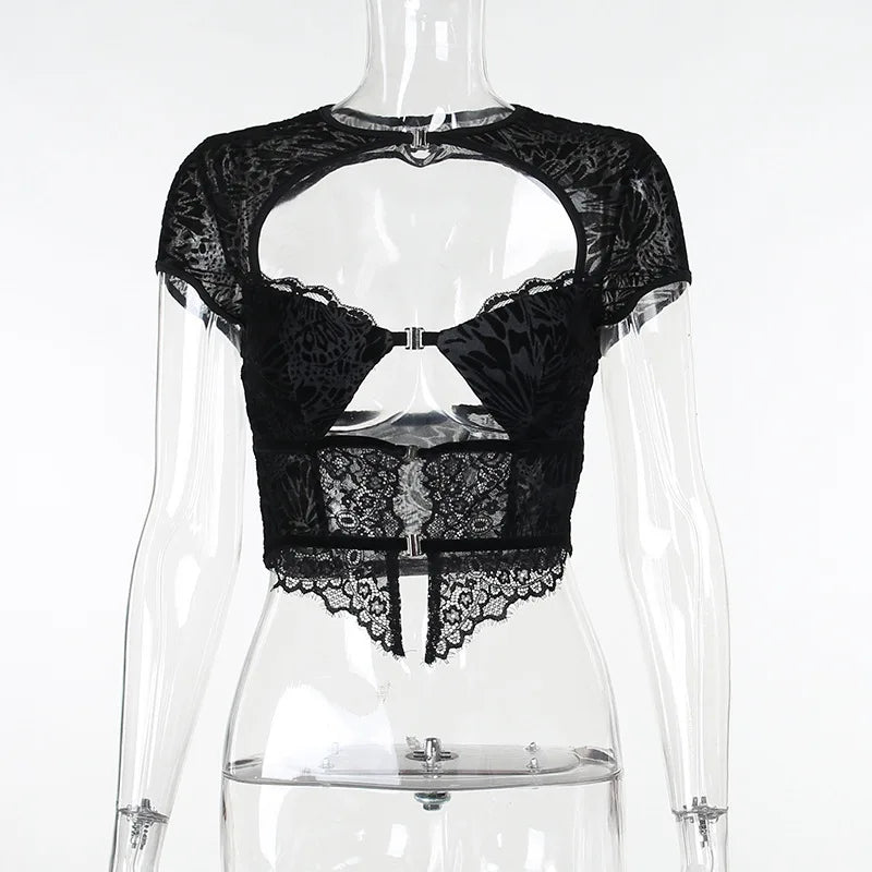 FAGADOER Sexy Lace See Through 2 Piece Sets Woman Outfit Hollow Out Crop Top + Flare Pants Female Y2K Streetwear Summer Spring