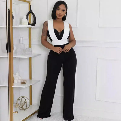 Elegant Fashion Overall Jumpsuit Women Night Club Party Sleeveless Patchwork Birthday Bandage Wide Leg Rompers Combinaison Femme