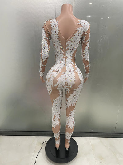 Sexy Crystal High Stretch Bodycon Long sleeve Jumpsuit Women Celebrate Nightclub Party club Performance Costume Stage Wear