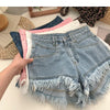 ITOOLIN Women Vintage Tassels Denim Shorts Button Loose High Waist A-line Jean Shorts Casual Women Office Trousers Streetwear