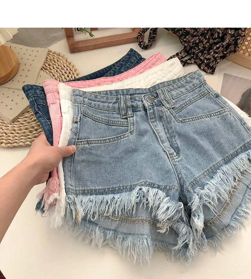 ITOOLIN Women Vintage Tassels Denim Shorts Button Loose High Waist A-line Jean Shorts Casual Women Office Trousers Streetwear