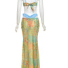 Beyprern Tropical Goddess Floral Skirt Set Two-Piece Dress Holiday Outfits Summer Womens Printed Bra Crop Top And Matching Set