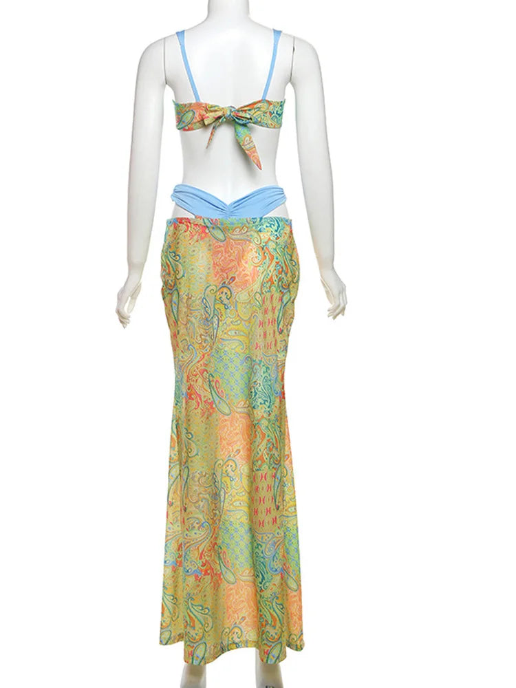 Beyprern Tropical Goddess Floral Skirt Set Two-Piece Dress Holiday Outfits Summer Womens Printed Bra Crop Top And Matching Set