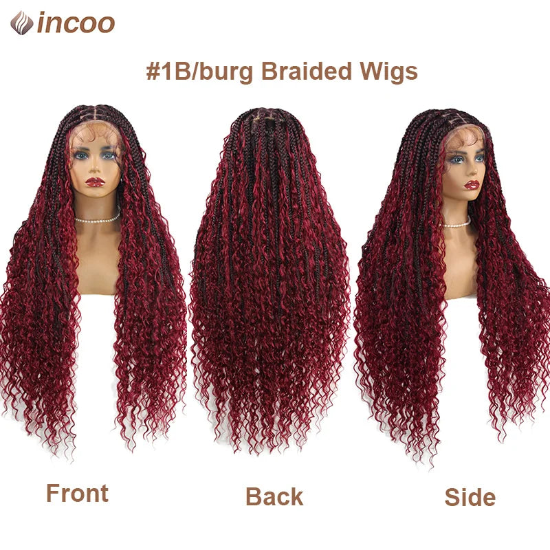 Boho Box Braided Wigs Curly Hair Synthetic Full Lace Front Wigs for Black Women Goddess Locs Braid Wig Bohemian Box Braid Wig