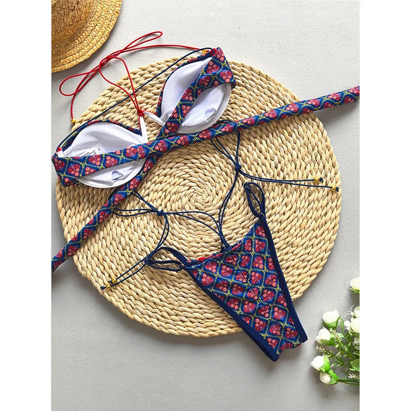 Sexy Print Laced Up Bikini 2 Piece Set Women Split Swimsuit High Waist Beach Backless Bikini 2025 New Summer Swimwear Bikini Set