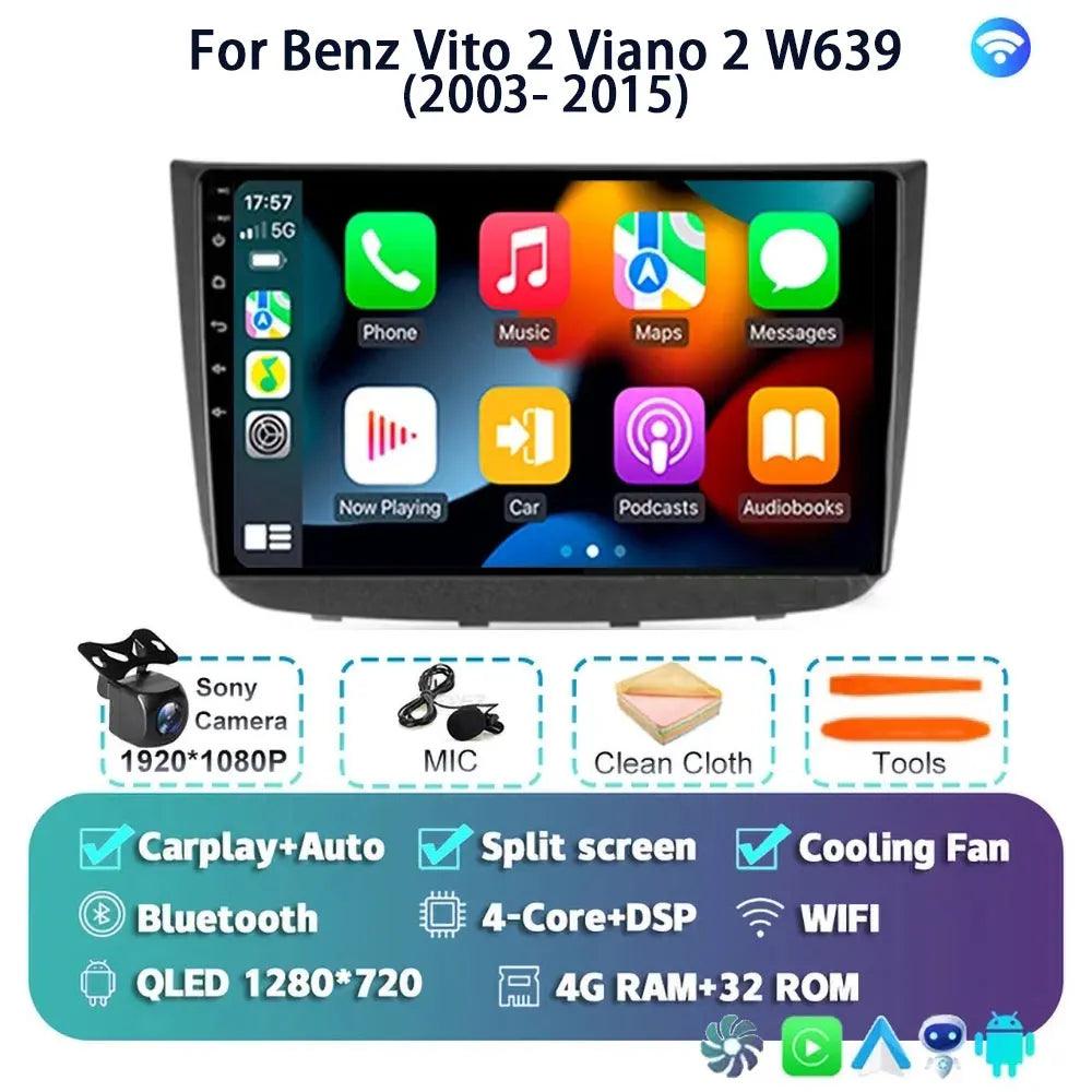 Android 14 For Benz Vito 2 Viano 2 W639 2003- 2015 2K QLED Android Car Radio Multimedia Video Player BT Stereo CarPlay Head Unit