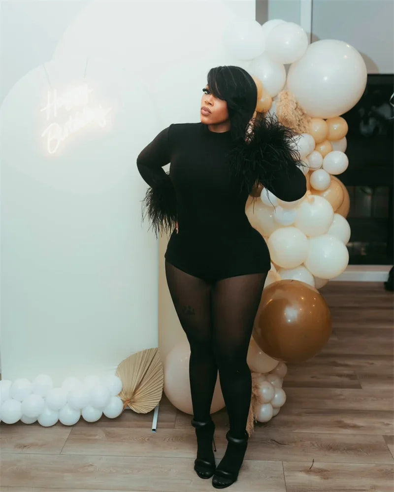 Solid Feathers Long Sleeve Playsuit Woman Jumpsuit Shorts Skinny Stretchy Open Back Bodycon Romper Sexy Night Club Outfits Body