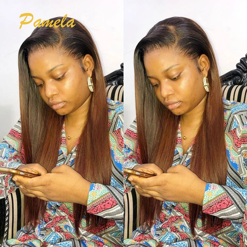 Double Drawn 13x6 HD Lace Frontal Wig Bone Straight Lace Front Wig Ombre Brown Colored Glueless Human Hair Wigs Ready To Go