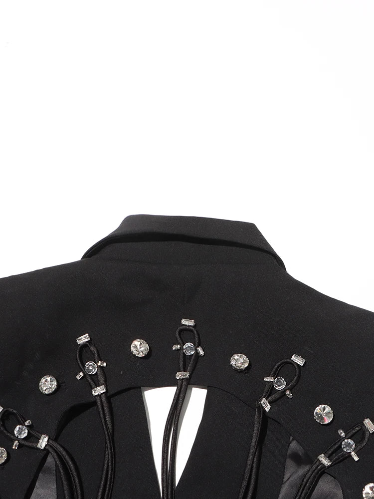 TWOTWINSTYLE Patchwork Diamonds Backless Blazer For Women Notched Collar Long Sleeve Spliced Button Chic Blazers Female Style