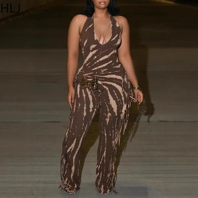 HLJ Sexy Striped Print Tassel Patchwork Bodycon Jumpsuit Women Halter Backless Skinny Rompers Female Party Clubwear Overalls New