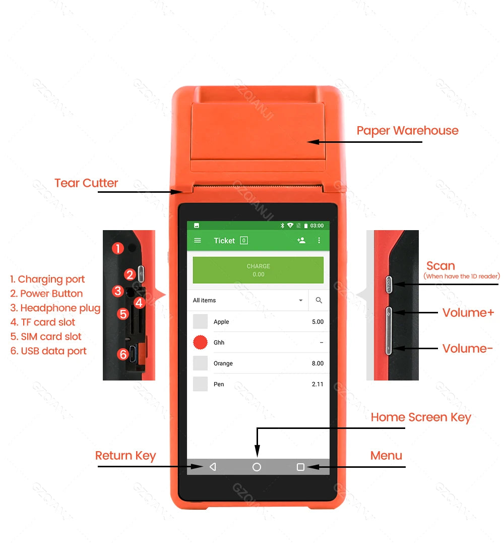 Handheld Commercial PDA Android 8.1/13 Bulit-in 58mm Thermal Receipt Printer NFC Optional for Cafeteria WIFI Bluetooth Connect