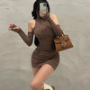 Summer Sexy High Neck Tight Dress Oversleeve Pleated Bottom Wrapped Hip Dress Women Bodycon