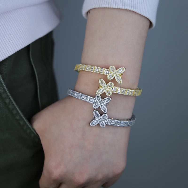 New Iced Out Bling Opened Butterfly Charm Bracelet Silver Color Zircon Insects Bangle For Men Women Hip Hop Luxury Jewelry
