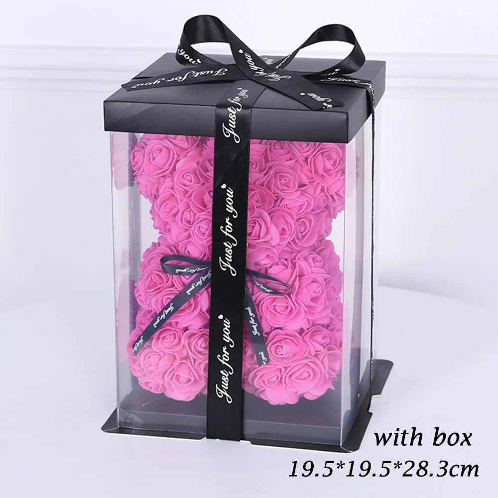 25cm Artificial Teddy Rose Flower Bear with Box Romantic Valentines Day Gift Girlfriend Women Mother Birthday Wedding Party Deco