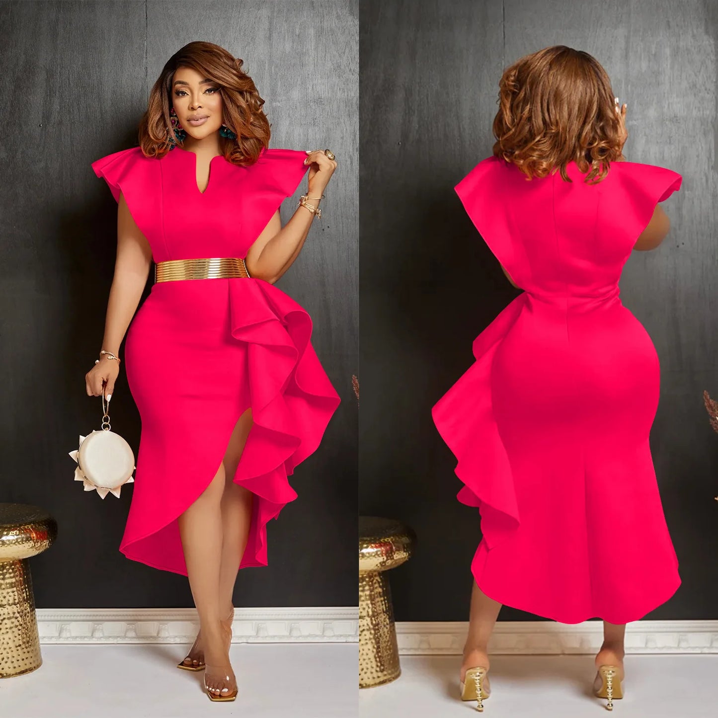 CM.YAYA Women Flare Short Sleeve High Side Split Ruffles Bodycon Midi Dress 2023 Autumn Vestidos Sexy Party Birthday Dresses