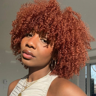Orange Ginger Short Kinky Curly Wig with Bang Afro Curly Wig Human Hair No Lace Wigs With Bangs Honey Blonde Wig for Women