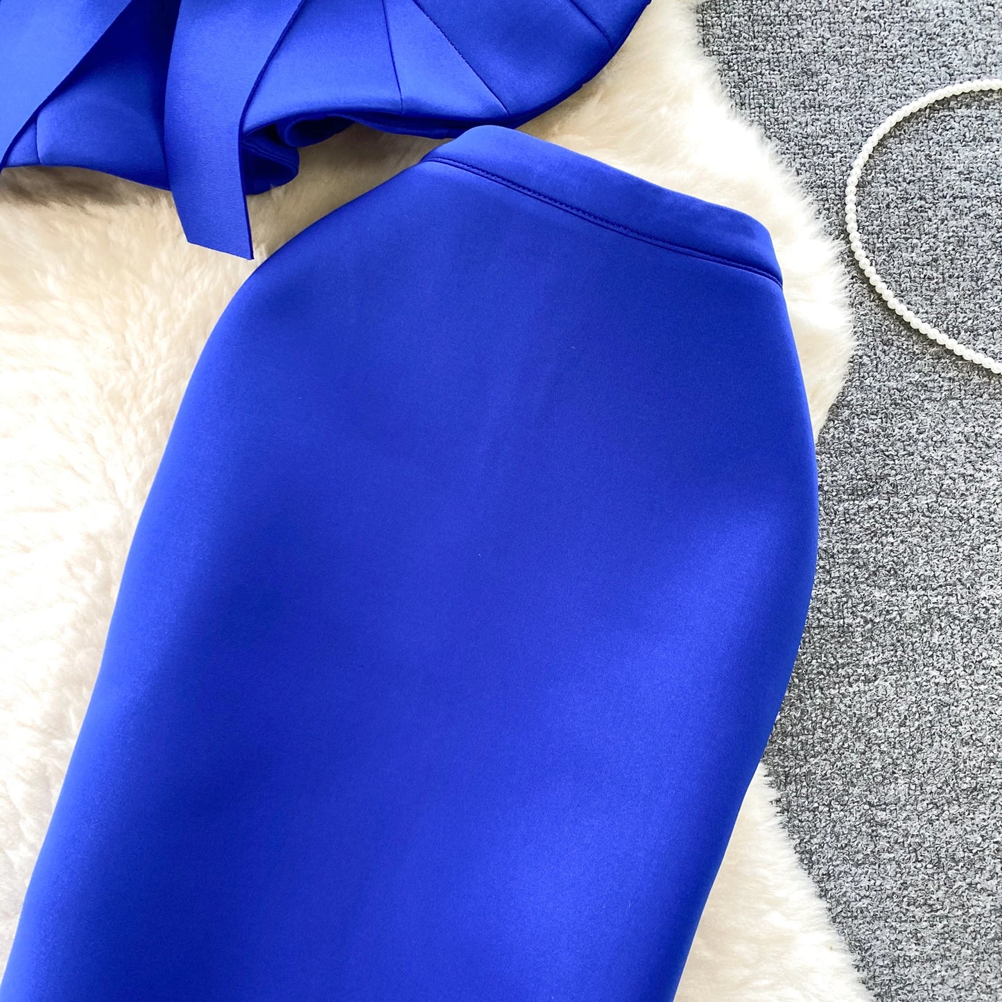 Women Vintage Two Pieces Skirt Sets Women Long Sleeve Sexy Slash Neck Bandage Ruffle Blouse Top and High Waist  Hip Wrap Skirt