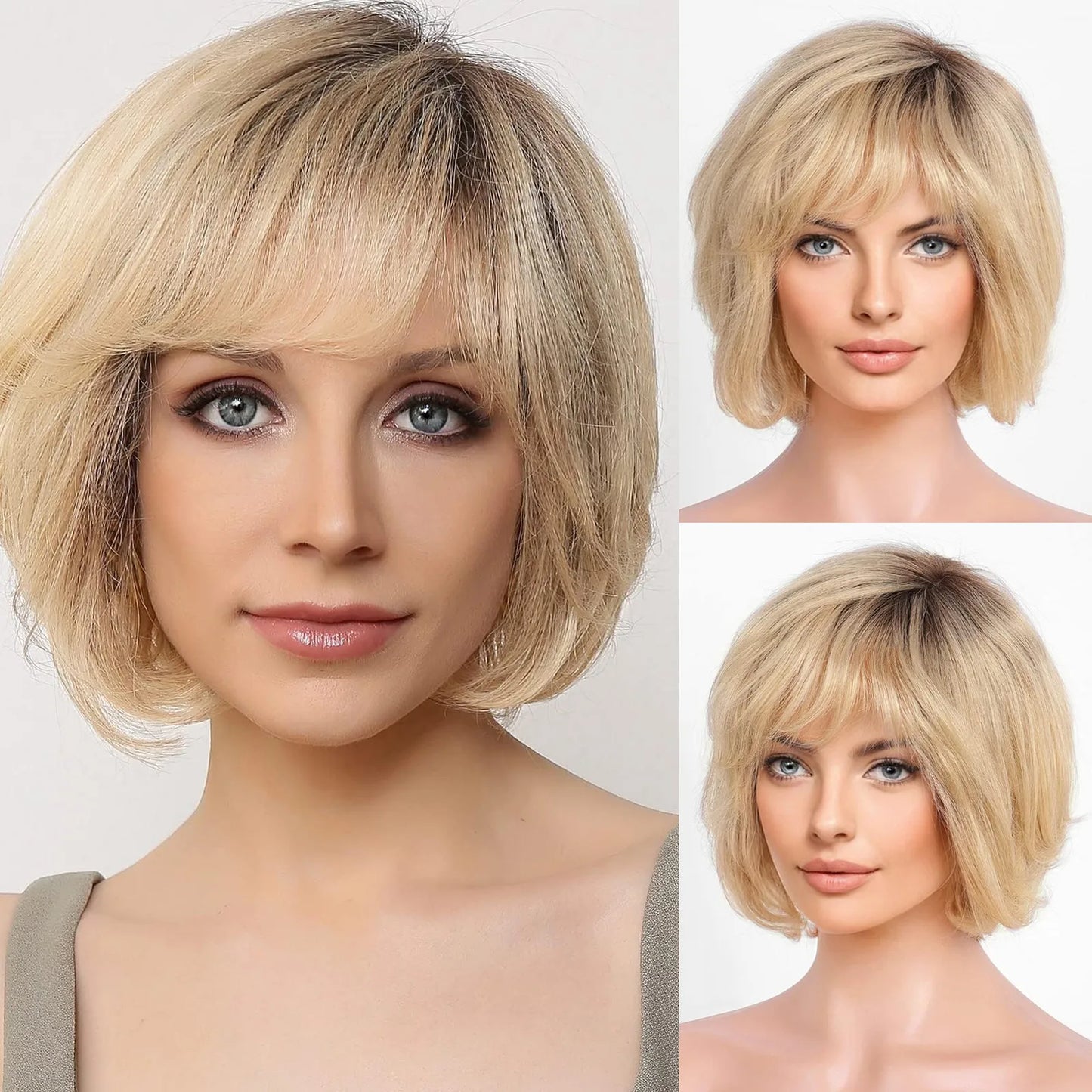 Brown Blonde Mixed Ombre Human Hair Lace Front Wigs Short Wavy Bob Hair Glolden Blonde Remy Human Hair Wig for White Women Daily