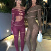 Sibybo Off Shoulder Long Sleeve Jumpsuits Women Fashion Rhinestones High Stretch Hollow Out Sexy Overalls Sparkly Party Rompers