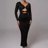 Mozision hollow out long sleeve sexy maxi dress for women fashion solid V neck back split bodycon club long dress elegant