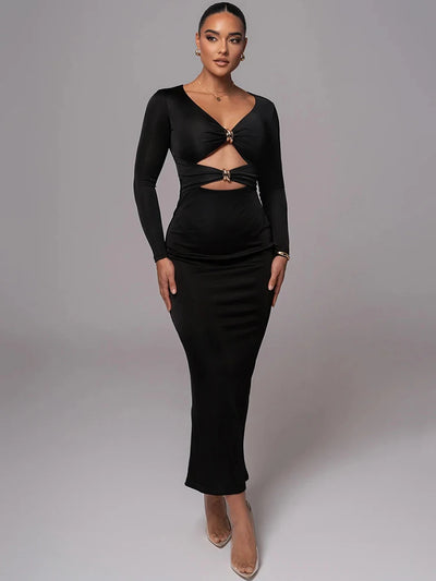 Mozision hollow out long sleeve sexy maxi dress for women fashion solid V neck back split bodycon club long dress elegant