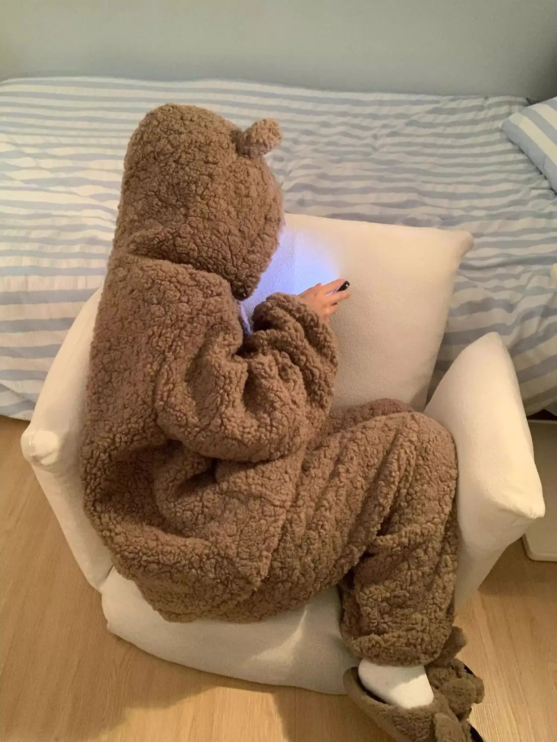 Brown Furry Pajama Sets Fluffy Teddy Bear Hooded Zipper Sleepwear Women Plush Warm Thick Christmas Homewear Y2K Kawaii Nightwear