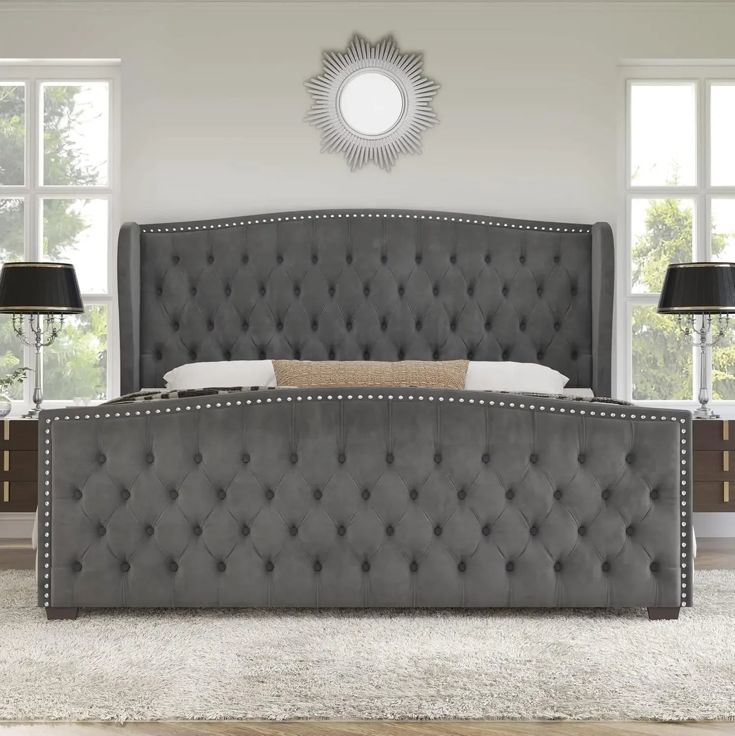 King Size Platform Bed Frame, Velvet Upholstered Bed with Deep Button Tufted & Nailhead Trim Wingback Headboard