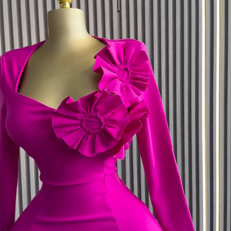 CM.YAYA Women Strapless Mult 3D Flower Long Sleeve Bodycon Mini Dress Sexy Birthday Evening Night Party Club Vestidos Dresses