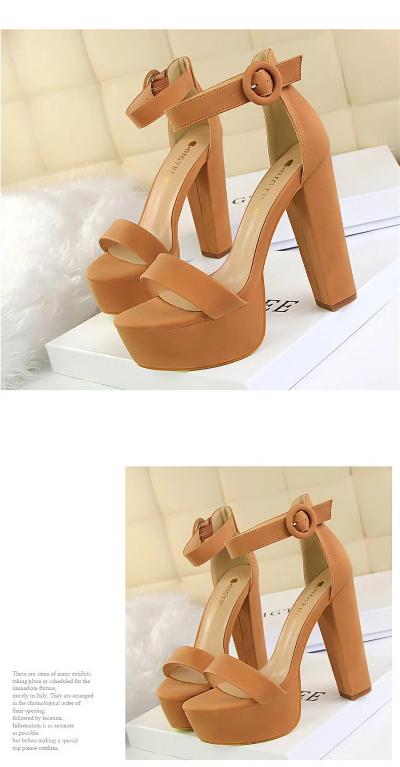 Fashion Women Pumps Sandals Summer Platform Belt Buckle Strap PU Square Heel Outdoor Korean Style Black Open Toe Grace 1550-1