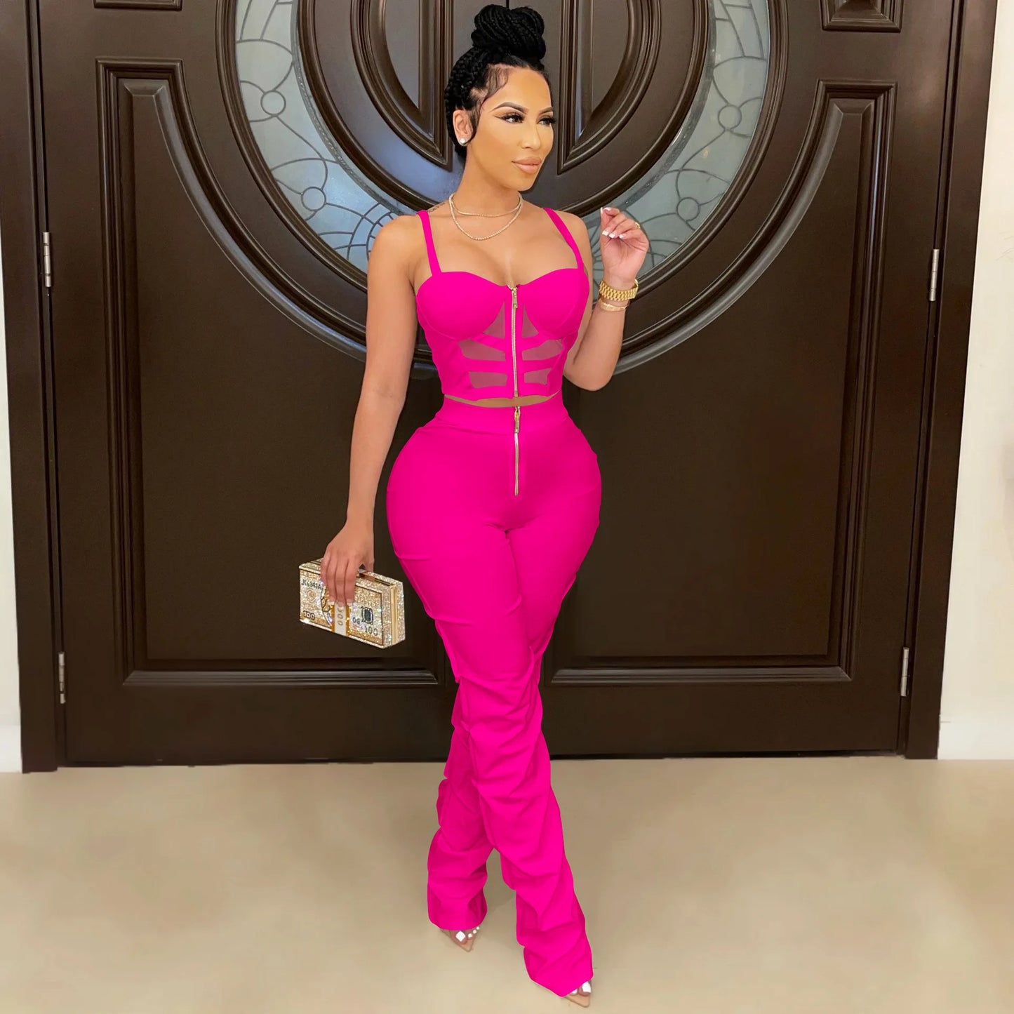 Sexy Solid Color Women's 2-Piece Slim Fit Open Back Zipper Tank Top+High Waist Trouser Set Amazing Bust Wrapping Street Clothing
