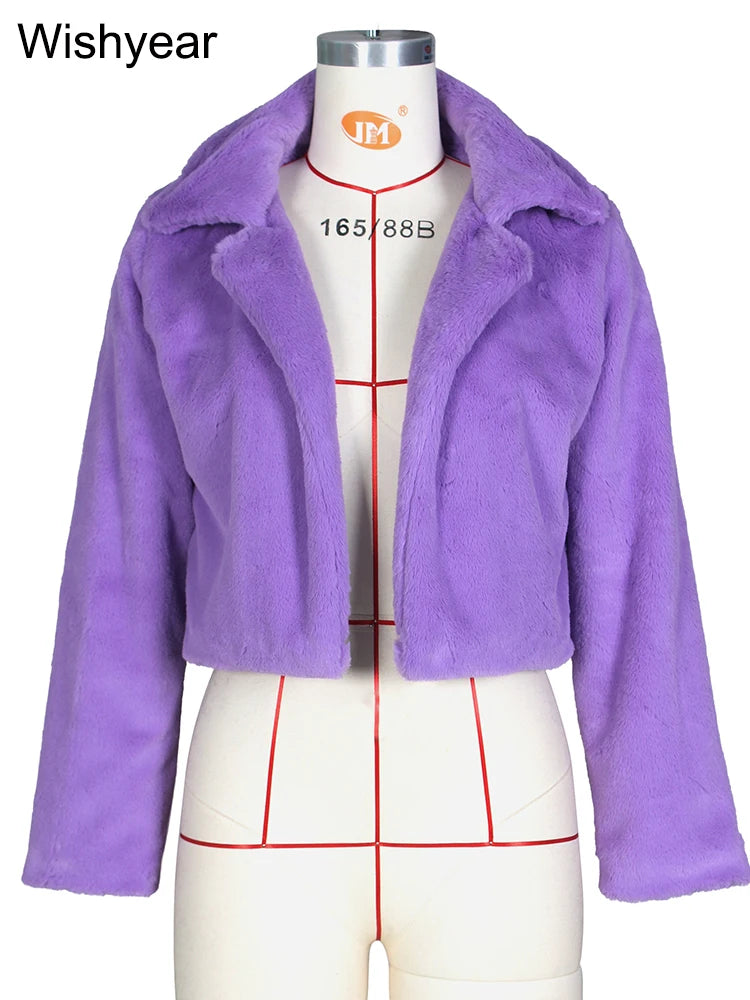 Fashion Faux Fur Open Stitch Lapel Crop Jackets Women Clothing Autumn Winter Solid Long Sleeve Warm Furry Fluffy Coat Outer Wear