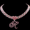Hip Hop Bling Pink Crystal Cursive Initial Letter Cuban Necklace for Women Iced Out Paved Cuban Chain Necklace Choker Jewelry
