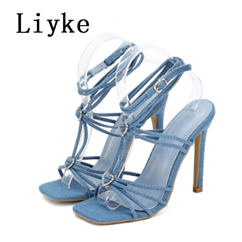 Liyke Summer Blue Denim Sandals Women Elegant Square Toe Party Wedding High Heels Crystal Buckle Narrow Band Female Dress Shoes