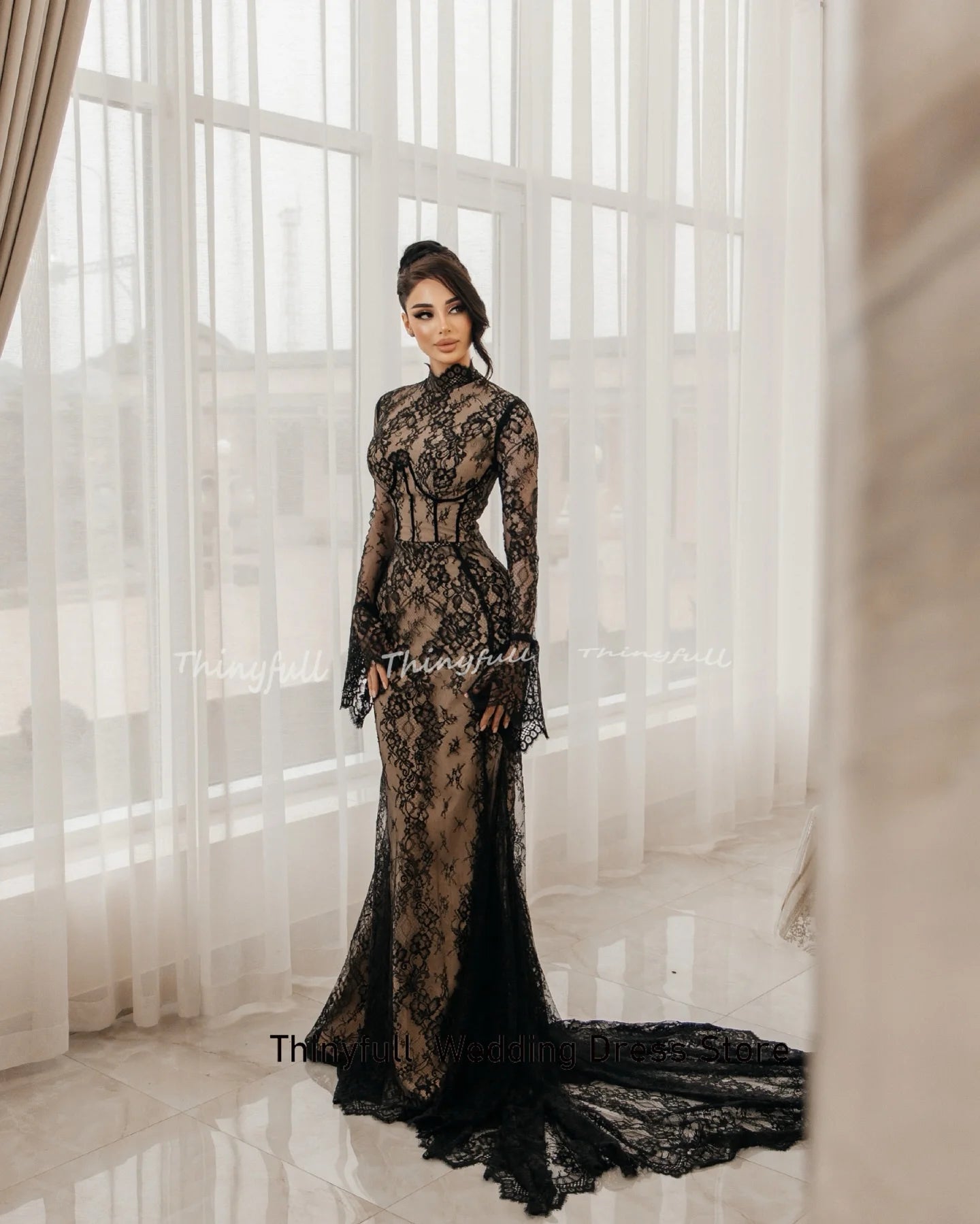 Thinyfull Mermaid Lace Arab Prom Dresses O-neck Full Sleeves Evening Gown 2025 Long Special Dress Robe De Soirée Customized