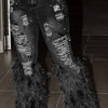 Fashion Women's Jeans Tassel Holes Vitnage Feather High Waist Y2K Streetwear Casual Denim Pant Spring Skinny Hollow Out Trousers