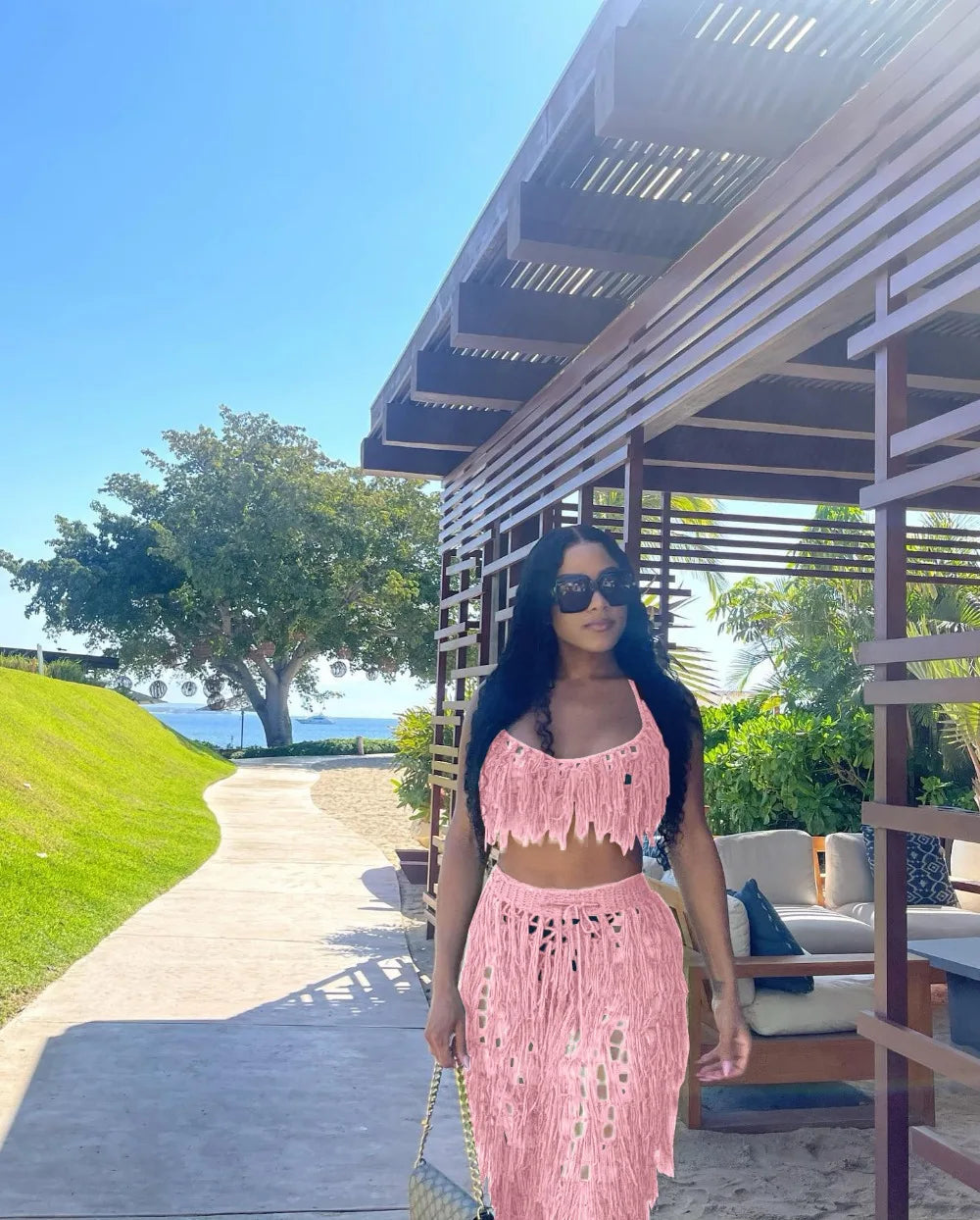 FAGADOER Sexy Hollow Out Tassels Pants Two Piece Sets Women Halter Sleeveless Backless Crop Top + Pants Outfit Female Streetwear