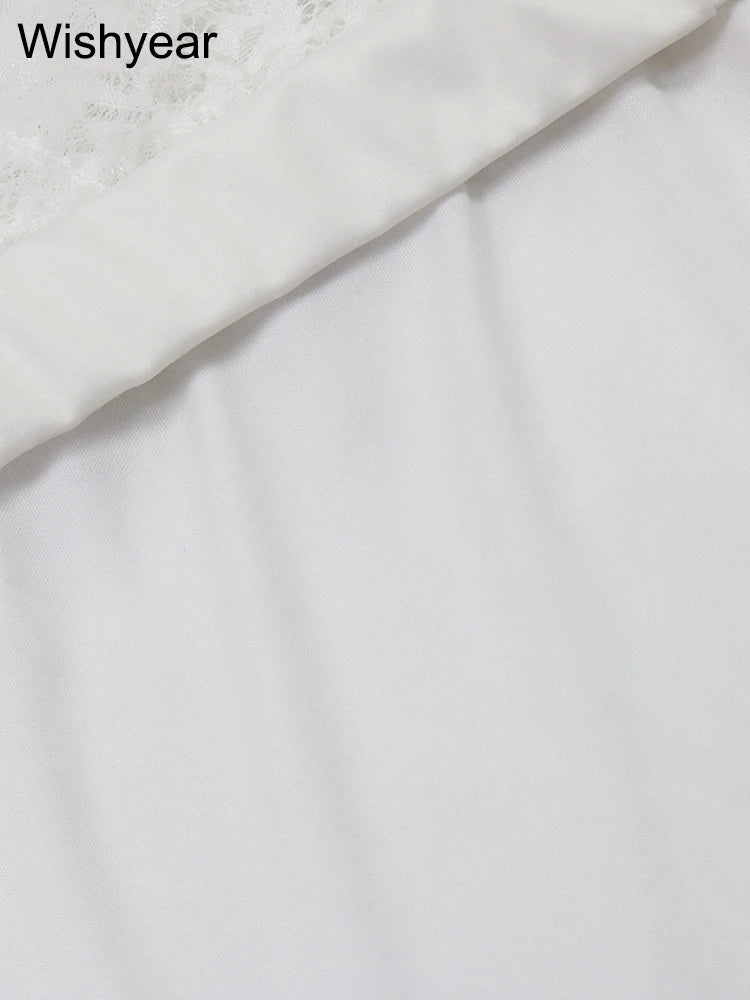 Sexy Two 2 Piece Sets Night Club Outfits for Women White Lace See Through Sleeveless Strapless Top and Ruffles Long Skirts Suit