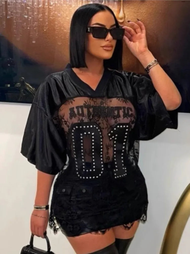 Letter Print T-Shirts Top Women 2025 Spring Summer V-Neck See Through Backless Loose Short Sleeve Y2K Sexy Trend Streetwear Tops