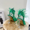Eilyken Fashion Summer Rhinestone Feather Women Sandals Lace-up Cross-Tied Sexy Gladiator Square Toe Ladies High Heel Shoes