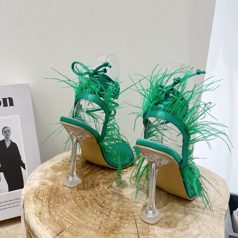 Eilyken Fashion Summer Rhinestone Feather Women Sandals Lace-up Cross-Tied Sexy Gladiator Square Toe Ladies High Heel Shoes